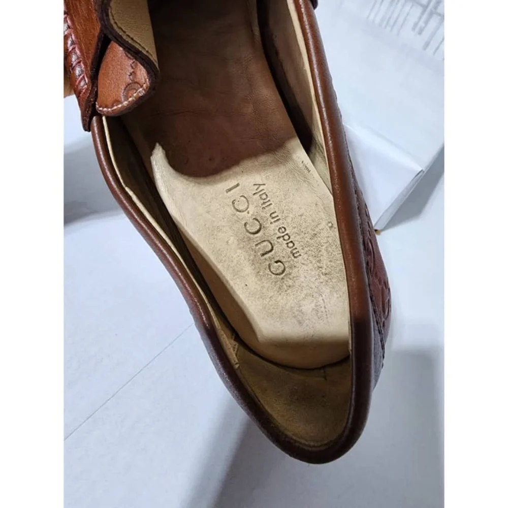 Authentic Gucci Cognac Leather Upper Geometric Loafers Brown Size 5.5 - Picture 7 of 16